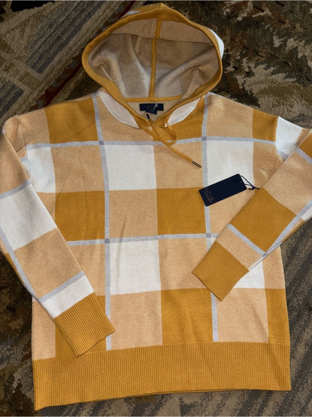 Women’s Mustard & Cream Check Hooded Sweater nwt small